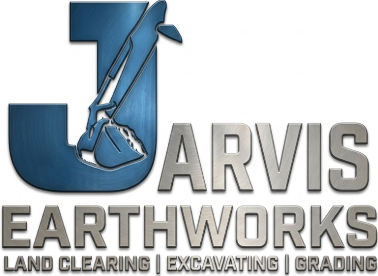 Jarvis Earthworks Logo with main services: Storm Cleanup, Land Clearing, Excavation, and Grading